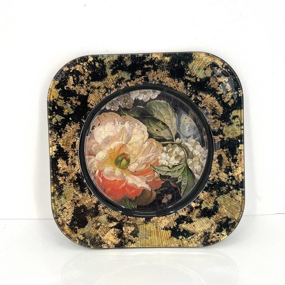 Vintage Signed Lesley Roy Gold Glass Floral Plate - Picture 7 of 7